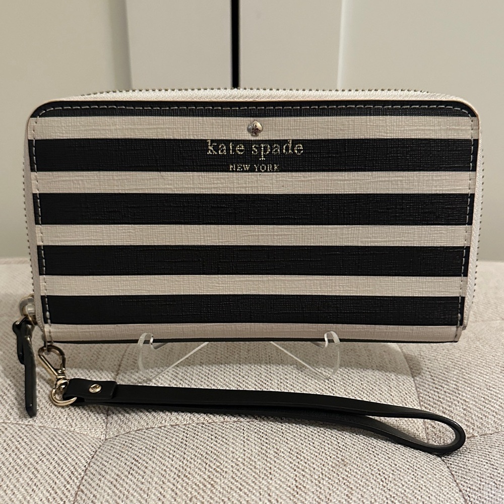Kate Spade Black & White/Cream Stripe Zip Around Wallet with Storybook Lining